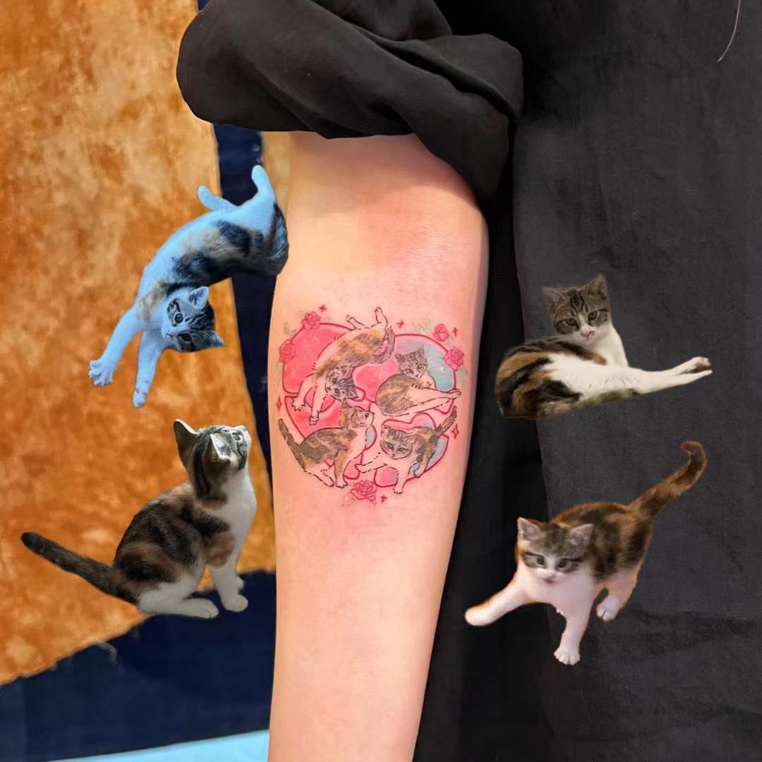 彩色猫咪主题纹身作品